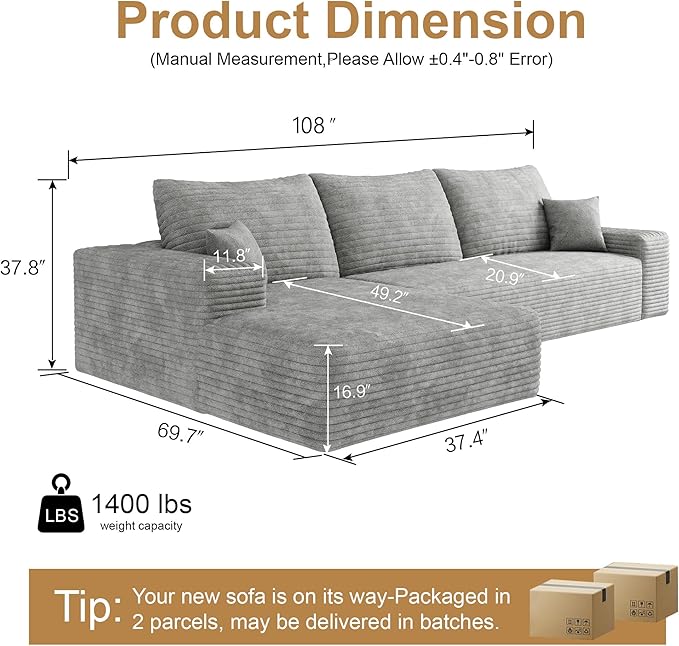 108" Sectional Couches for Living Room Cloud Couch Sofa