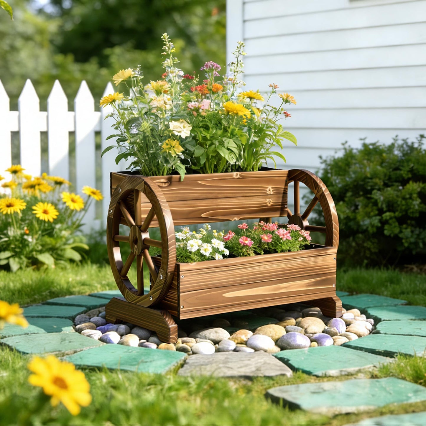 Ultym Wooden Wagon Planter Box, Extra Large 2-Tier Decorative Flower Cart with Wheels, Rustic Wood Planter with Drainage Holes & Non-Woven Liner, Raised Garden Bed for Flowers Herbs Vegetables