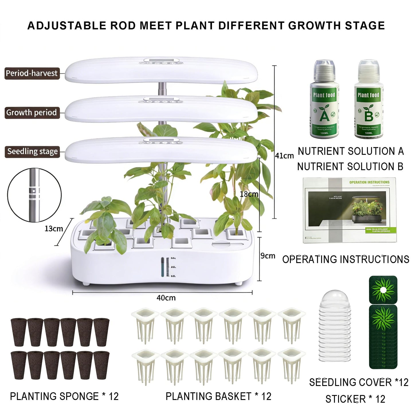 Hydroponics Growing System Kit, Soil-Free Indoor Herbs Garden, 12 Pods Plant Growth Equipment with 24W Full Spectrum LED Grow Light, Smart Silent Cycle Water Pump, 3.8L Tank for Gardening