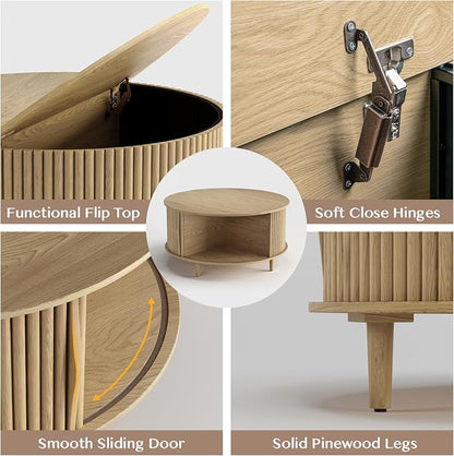 JOINICE,Round Coffee Table with Storage, 31.5" Natural Oak Fluted Center Table with Sliding Door, Modern Circle Drum Table for Living Room, Scandi Wood Furniture for Small Spaces