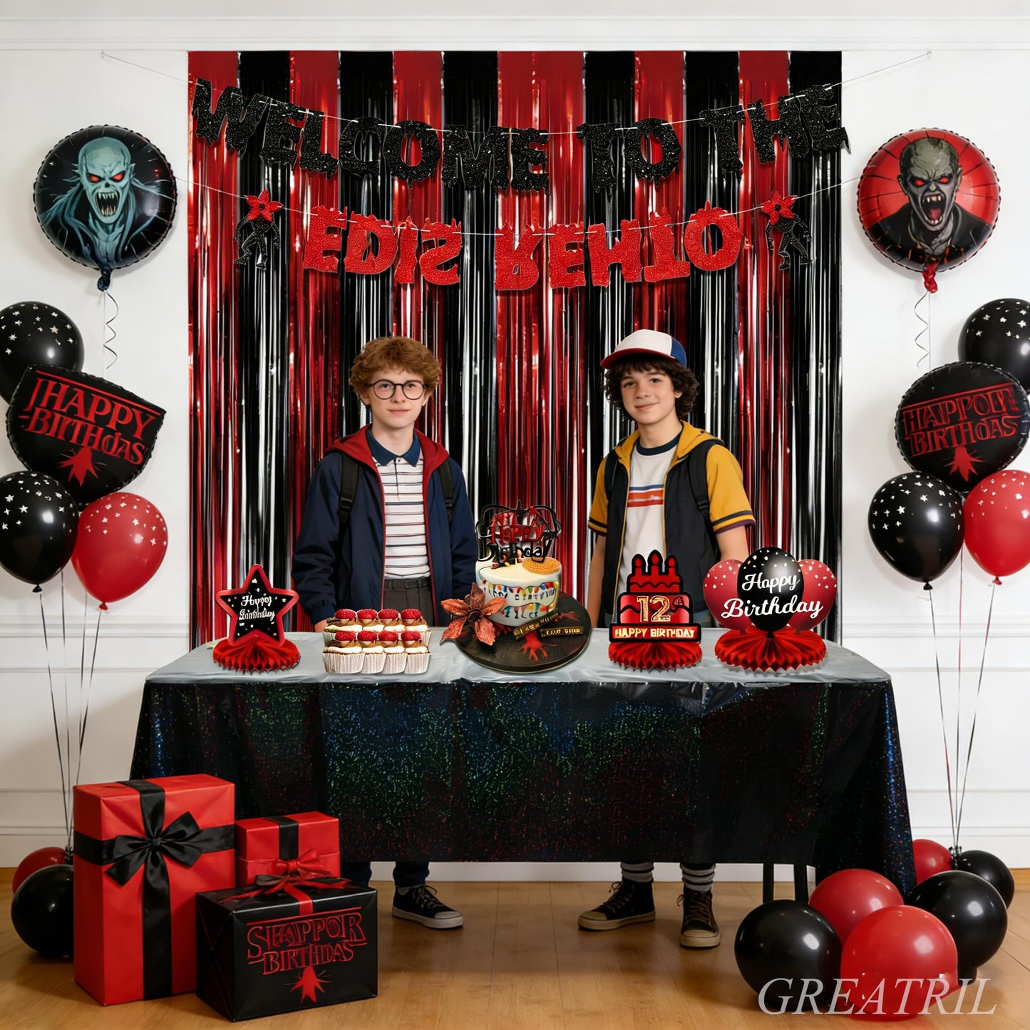 Black Red Party Streamers Backdrop - GREATRIL Foil Fringe Tinsel for Stranger/Friday Party/Halloween Party Decorations - 3.2ft X 8.2ft - 2 Packs