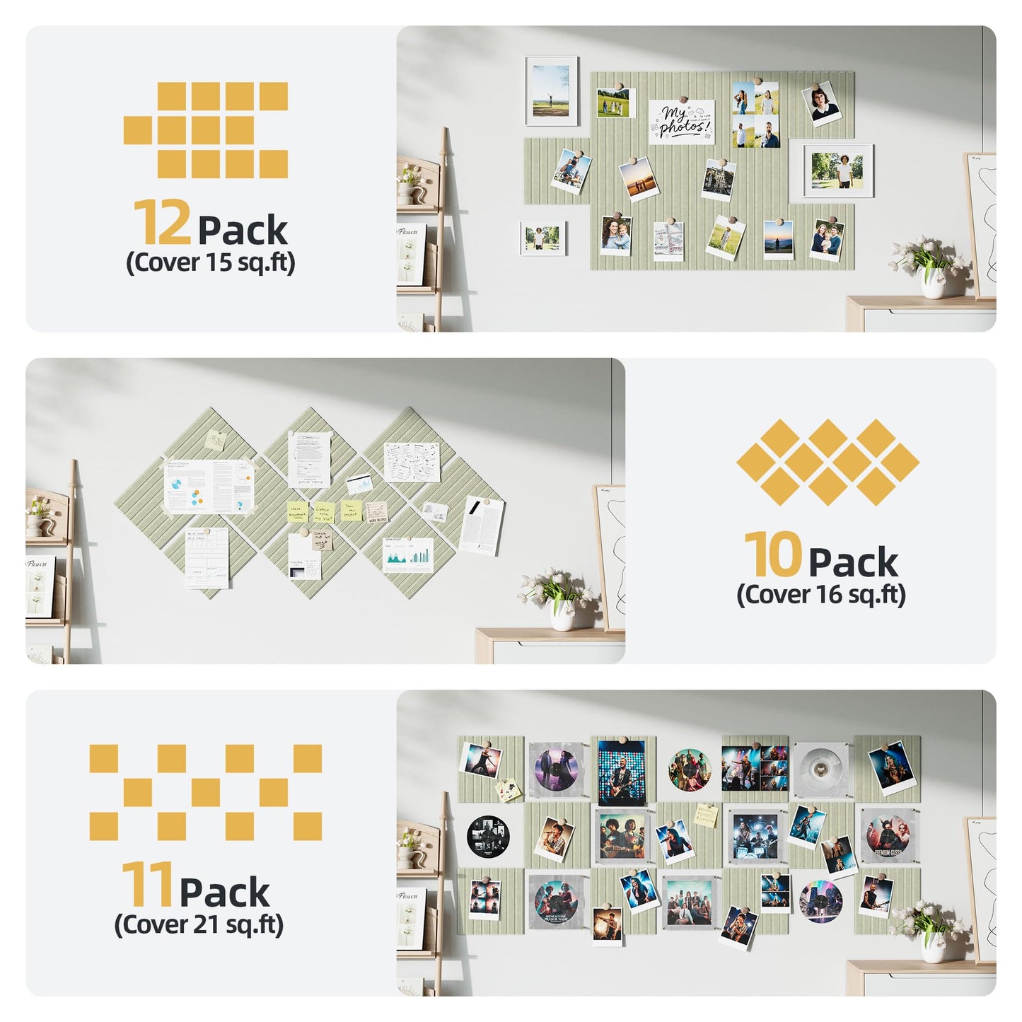 Large Cork Board for Wall 36" x 48" Sage Bulletin Board with Safe Removable Adhesive Squares for Pictures Photos, Alternative CorkBoard Felt Pin Boards Tiles for Office Classroom Wall Decor - 12 Pack