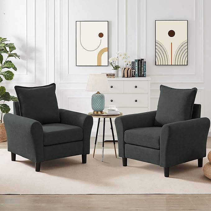 Mid-Century Accent Chairs Set of 2, Modern Linen Fabric Armchair