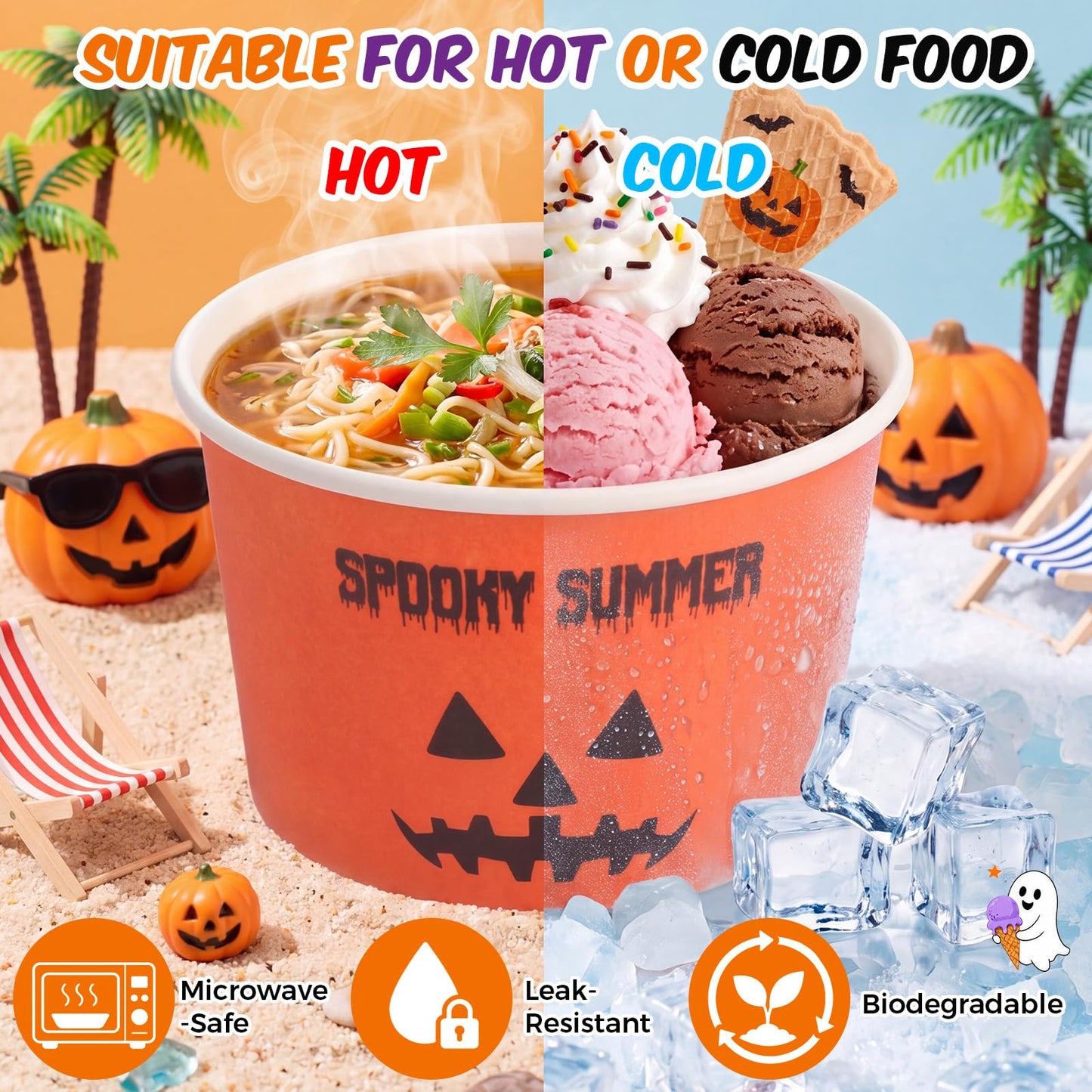 Jingmore 50 Count Summer Halloween Ice Cream Paper Cups Ghost Face Disposable Dessert Bowls Summer Halloween Cute Jack-o-lantern Treat Orange Cups for Hawaii Beach Party Supplies Sundae Yogurt Soup