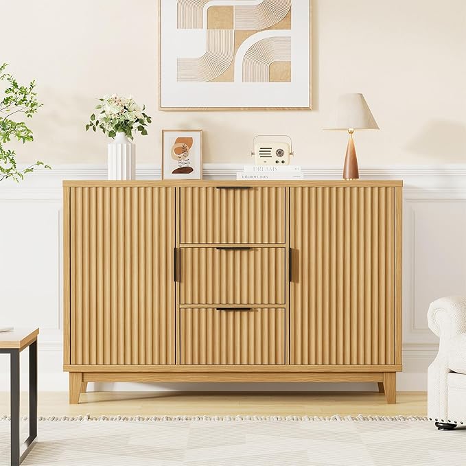 47.2" W Storage Cabinet with 3 Drawers, Fluted Buffet Cabinets with Storage