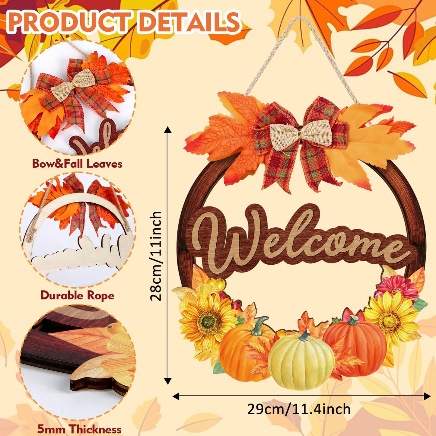IARTTOP Fall Welcome Front Door Sign(29x28cm) Thanksgiving Pumpkin Wall Hanging Maple Leaves Door Hanger Autumn Harvest Wall Hanging Sign Fall Wreaths for Porch Farmhouse Garden Decoration