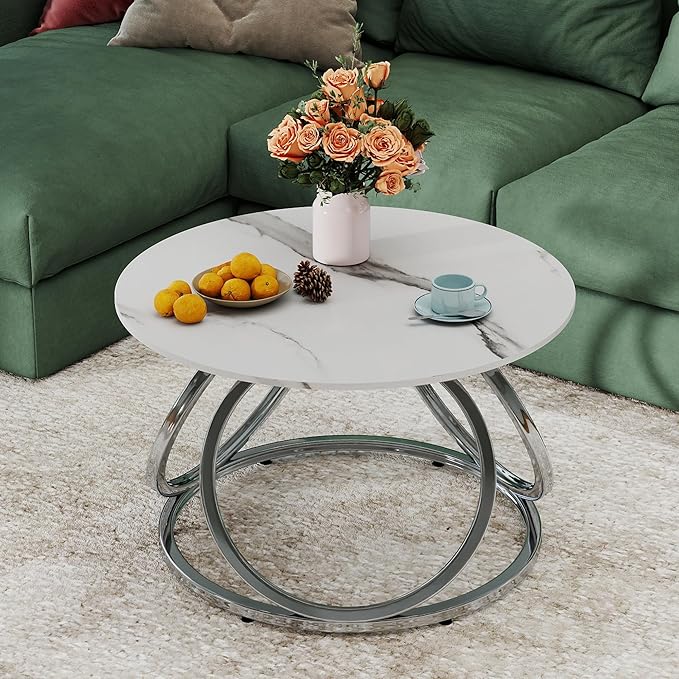 O&K FURNITURE Silver Coffee Table, Round Coffee Table Faux Marble Veins