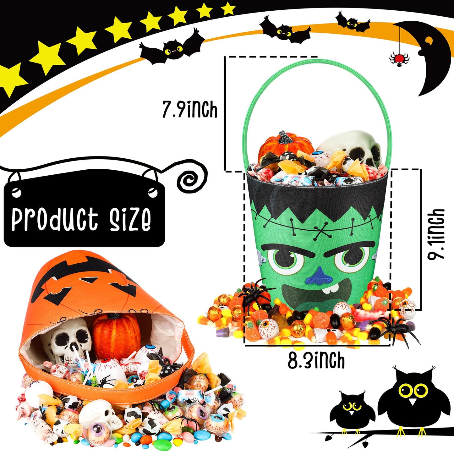 BBTO 3 Pieces Halloween Trick or Treat Bucket Candy Basket Canvas Halloween Party Tote Bags Goody Bucket for Kids Halloween Party Supplies (Halloween Monster)
