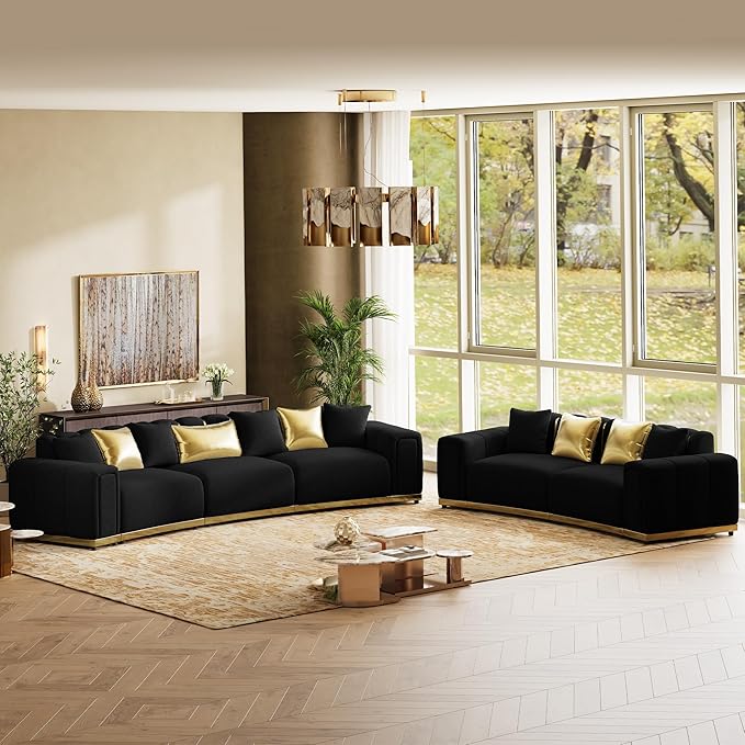 Oversized Luxury Chesterfield Sofa Set Velvet Black and Gold Couch