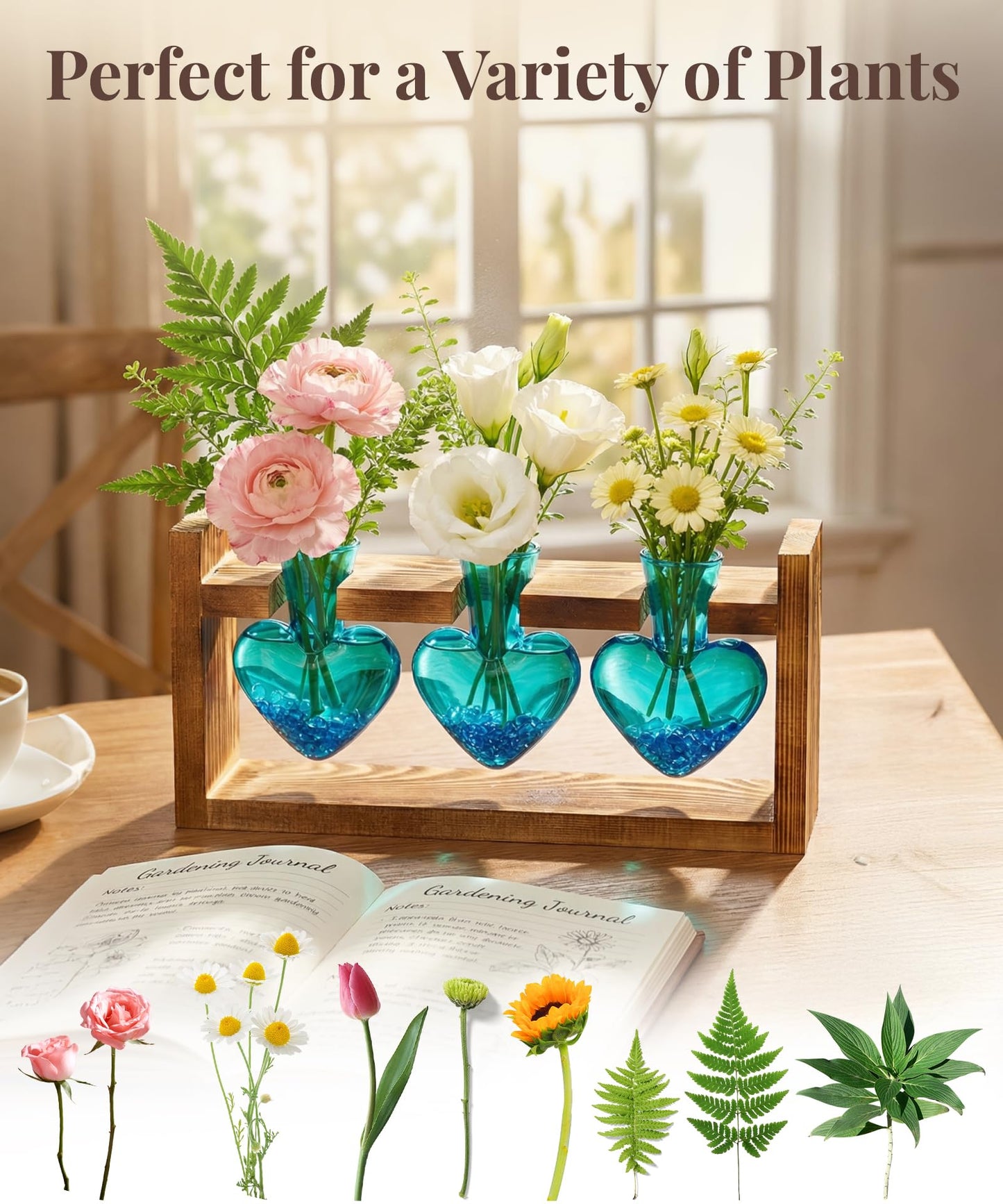Nacome Plant Terrarium Propagation Stations: Mothers Day Gifts for Mom Plant Lovers Women Wife Daughter - 3 Bulb Glass Vases with Wooden Stand Tabletop for Hydroponics Home Garden Decor