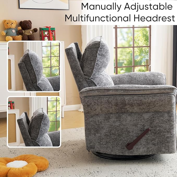 Rocking Chair Nursery with Adjustable Headrest, Manual Swivel Rocker Recliner