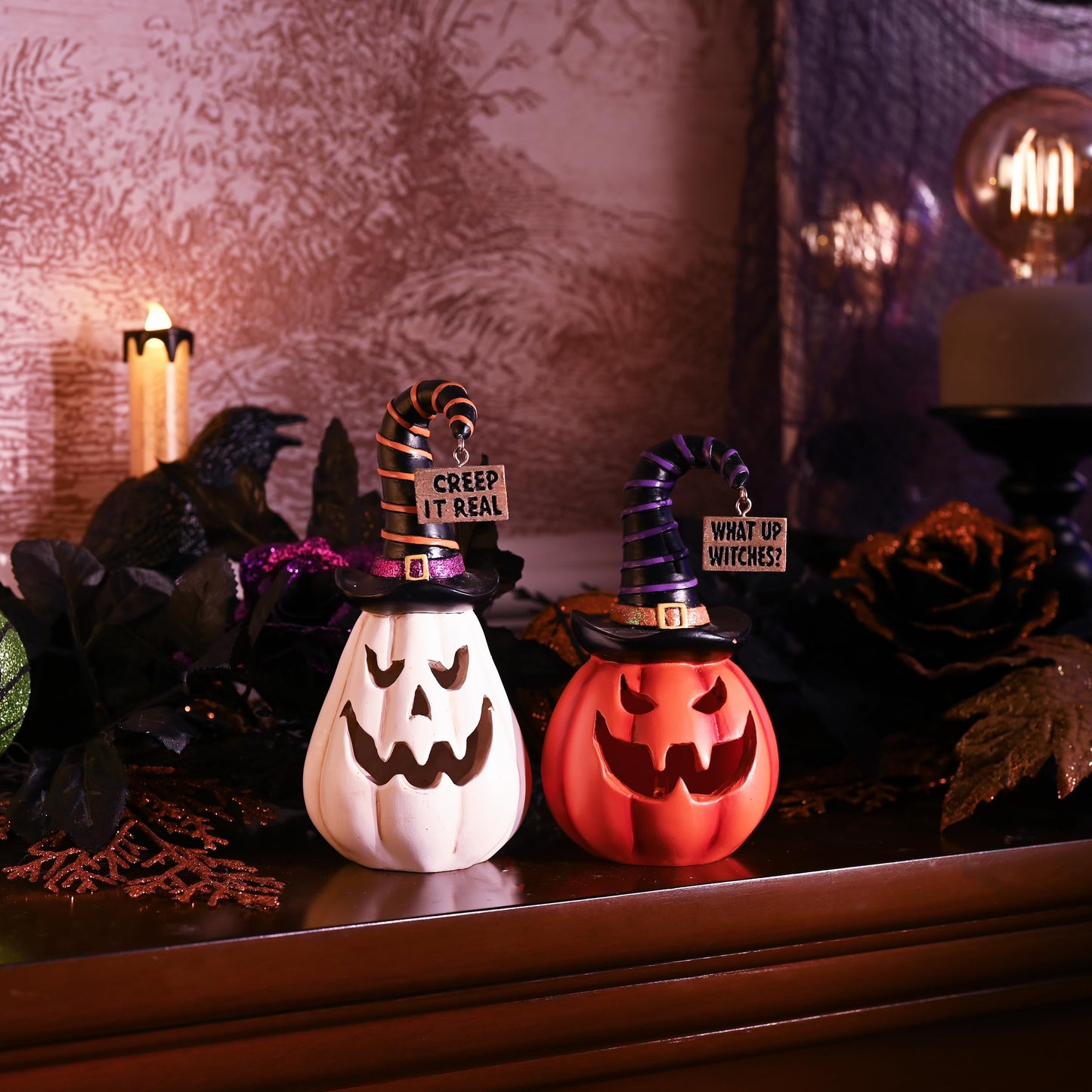 Valery Madelyn Pumpkin Halloween Decorations Indoor for Home, 2Pcs Resin Halloween Figurines with Light, White and Orange Jack o Lantern Decor with Witch Hat for Table Tiered Tray, 6.5" Tall