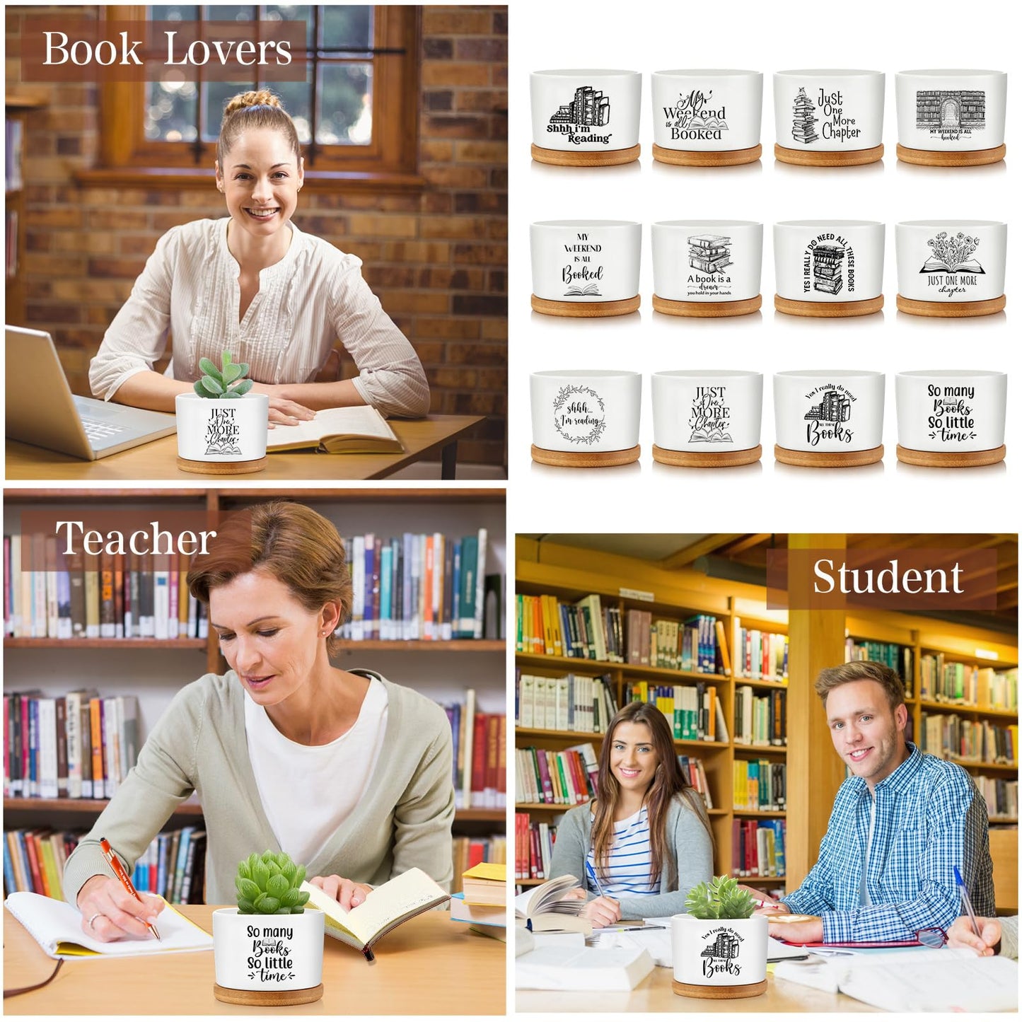 Havawish 12 Pcs Book Lover Gifts Succulent Pots Ceramic Bookworm Planter Pot with Bamboo Tray Bookish Succulent Planter Thank You Gift for Women Teachers Employee, Bookshelf Decor