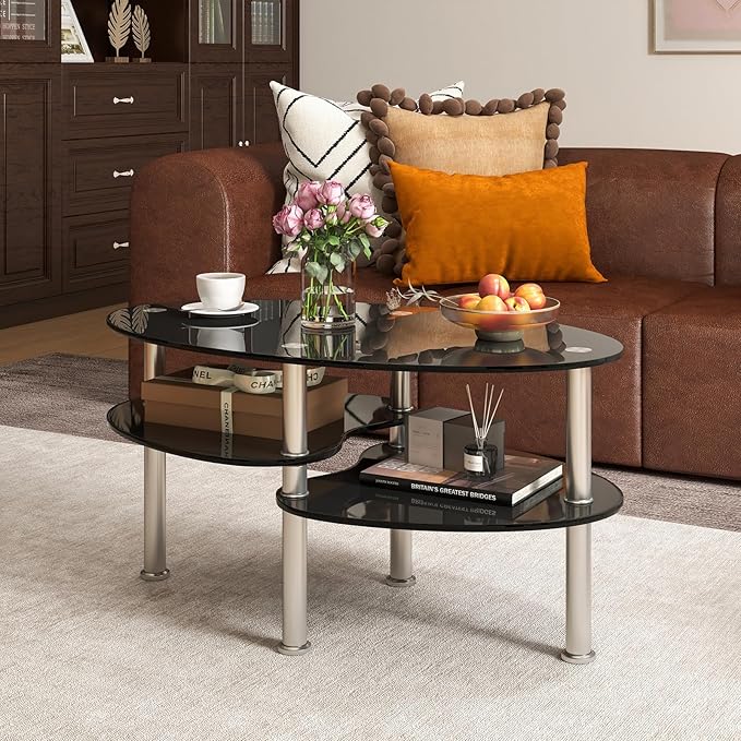 Tangkula Glass Coffee Table, 2-Tier Modern Oval Smooth Glass Tea Table End Table