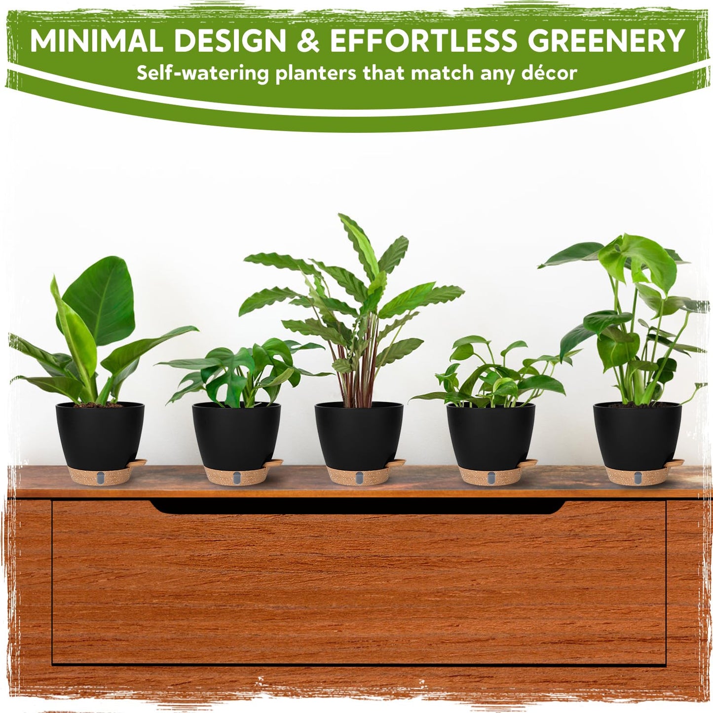 8 Inch Self Watering Pots for Indoor Plants, Plastic Planters with Deep Reservoir & Drainage Holes, Flower Pots for Monstera, Snake Plant & Peace Lily, Worry-Free Vacation Care (Black, 8 inch)
