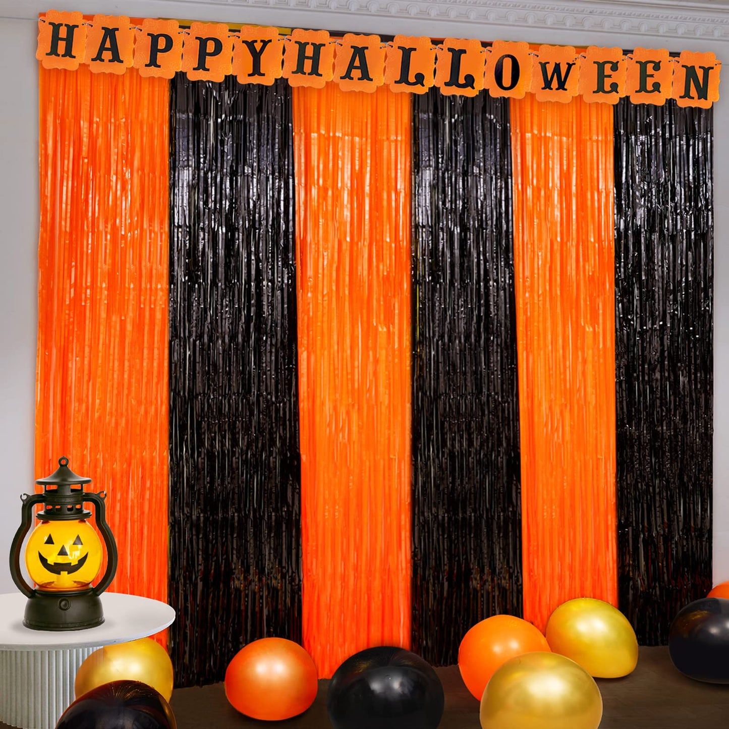 4 Pack Black and Orange Tinsel Foil Fringe Curtains, Halloween Party Photo Backdrop Streamers Backdrop for Birthday Anniversary Party Halloween Party Decoration