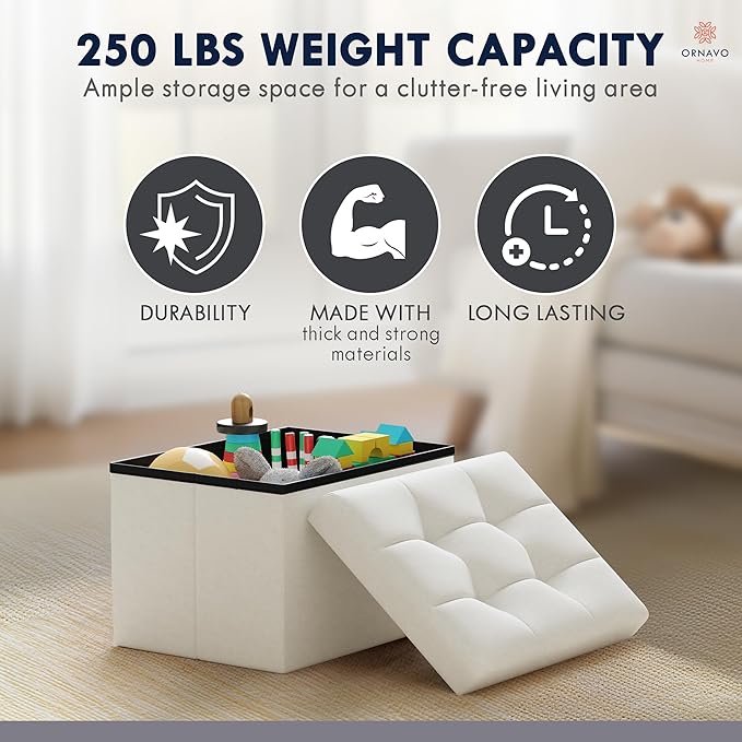 Ornavo Home Small Storage Ottoman Foldable Collapsible Rectangle Linen Ottoman