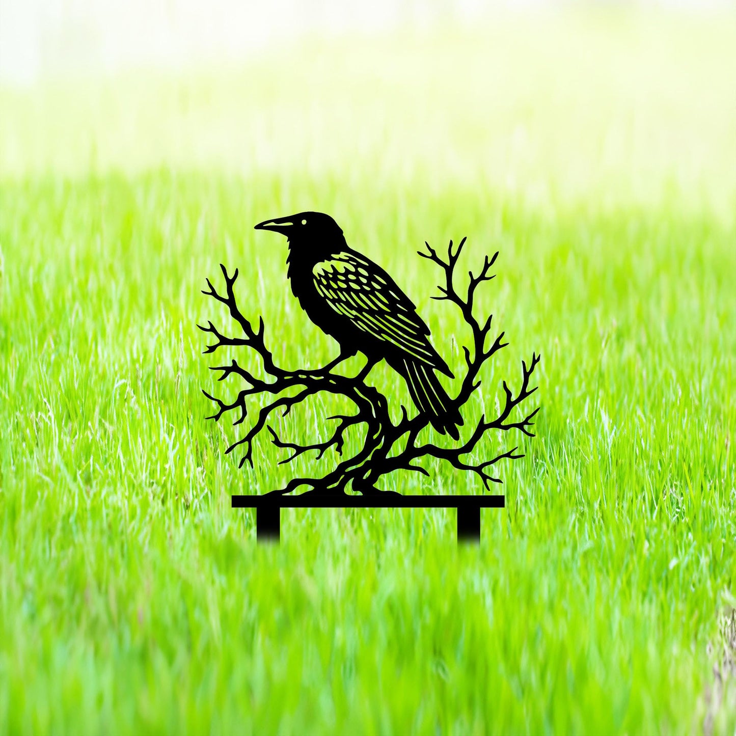 Aucizb Crow Tree Branch Metal Garden Stake Decor-Bird Silhouette Statue Yard Art for Patio,Outside,Lawn,Park,Farmhouse, Halloween Unique Gift (Black)