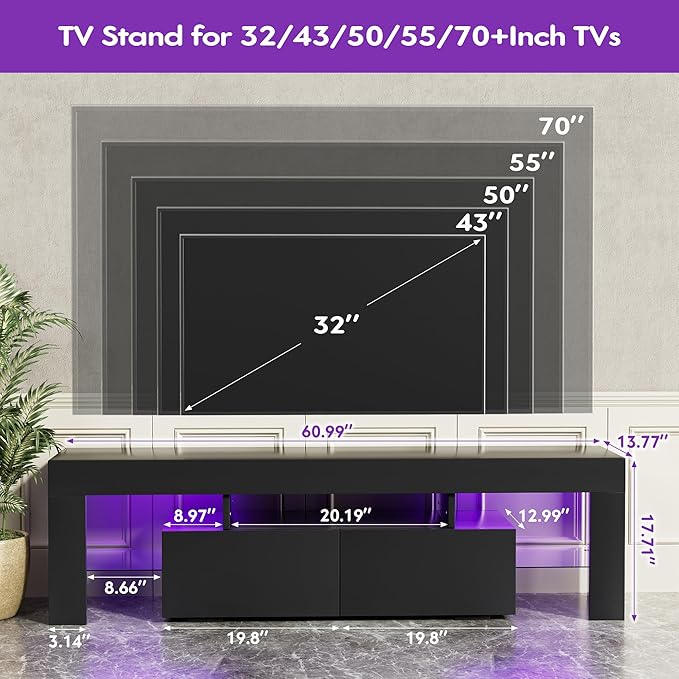 JUMMICO TV Stand, Modern Lighting TV Cabinet Entertainment Center Media and