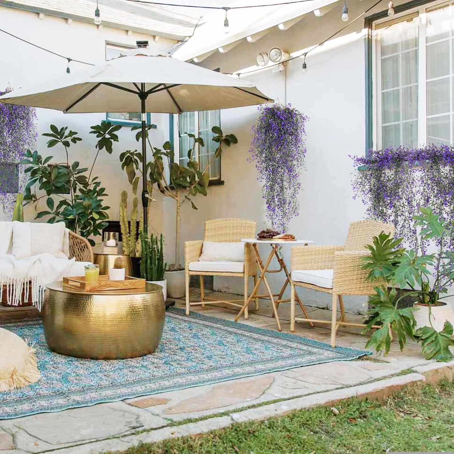 RECUTMS Artificial Vine Plants 2 Pack Fake Hanging Flower Plants Faux Ivy Vine Leaves Plastic Baby Breath Greenery UV Resistant for Home Bedroom Wall Porch Garden Wedding Decor (Purple)