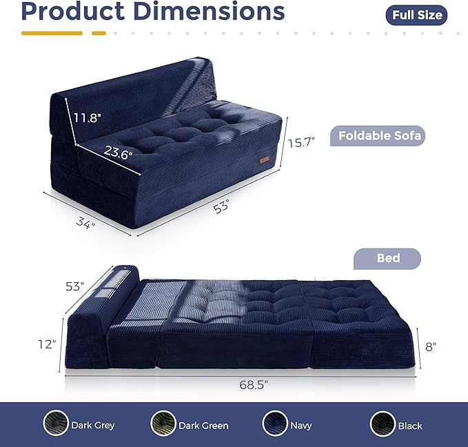 MAXYOYO 8" Folding Sofa Bed, Fold Out Chair Bed Sleeper Chair, Convertible