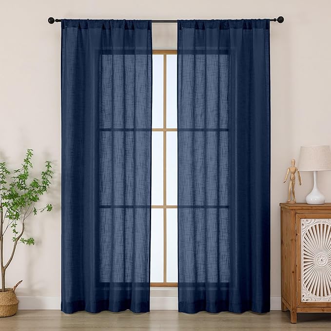 Chyhomenyc Navy Blue Semi Sheer Curtains 84 Inches Long 2 Panels Set, Light