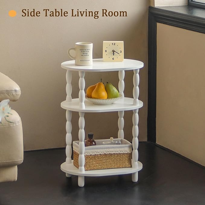 MaxSmeo White Side Table, 3-Tier Small Oval End Table, Modern Night Stand Wood