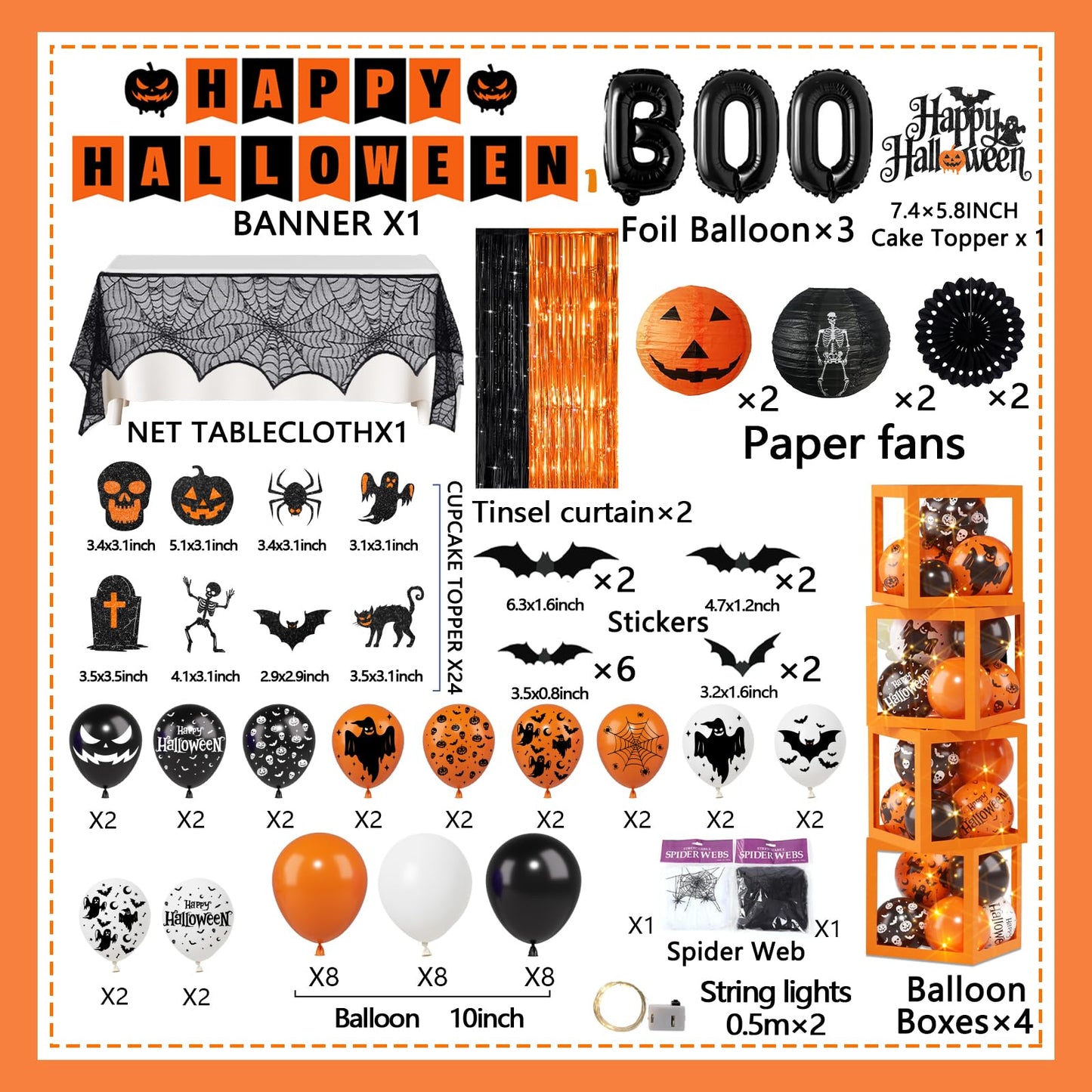 Halloween Party Decorations, Halloween Decorations Kit includes Ghost Balloons Boxes Spider Web Tablecloth Black Orange Foil Curtains, Boo Party Supplies for Home Birthday Decoration