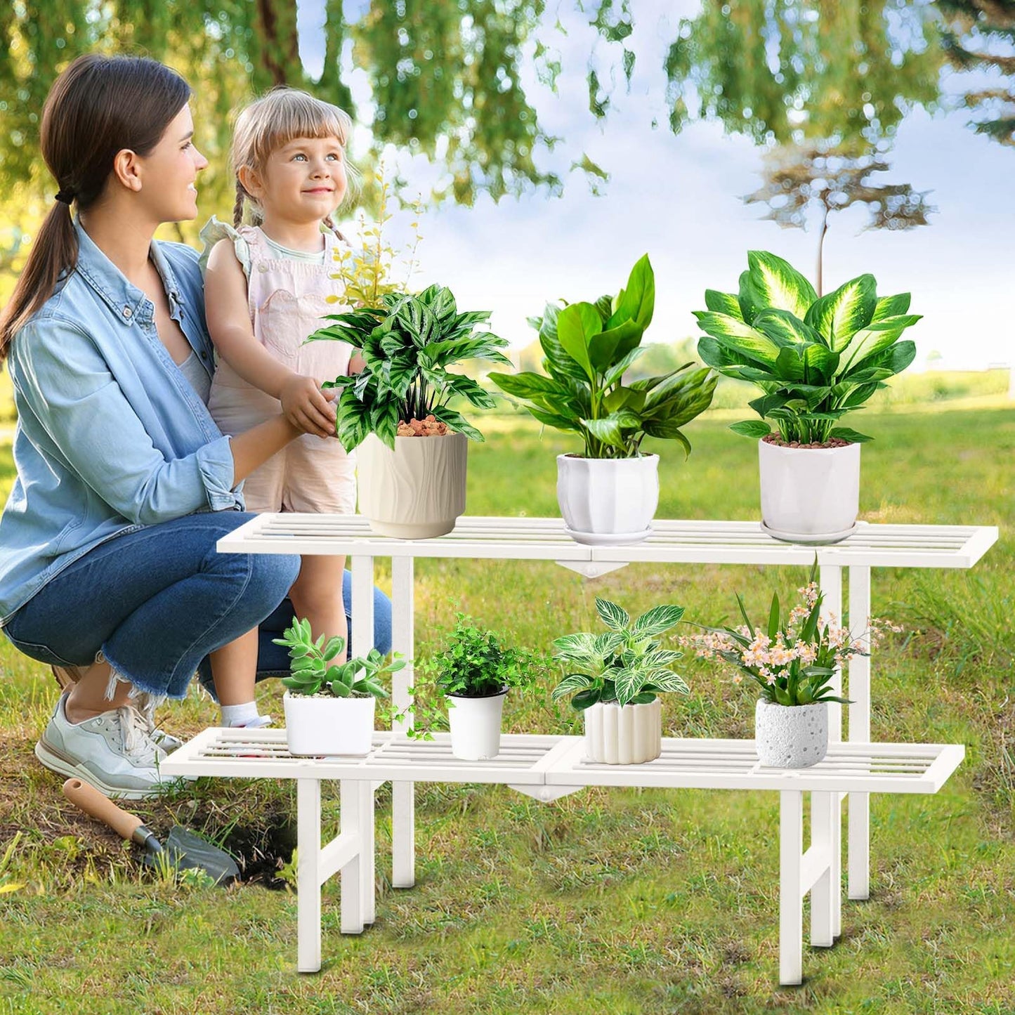 jsyonii 2 Tier Metal Plant Stand Outdoor Indoor, Separated Tiered Outdoor Folding Plant Shelf, Ladder Plant Stands Display Rack for Garden Window, 8.3/15.4'' Tall (White)