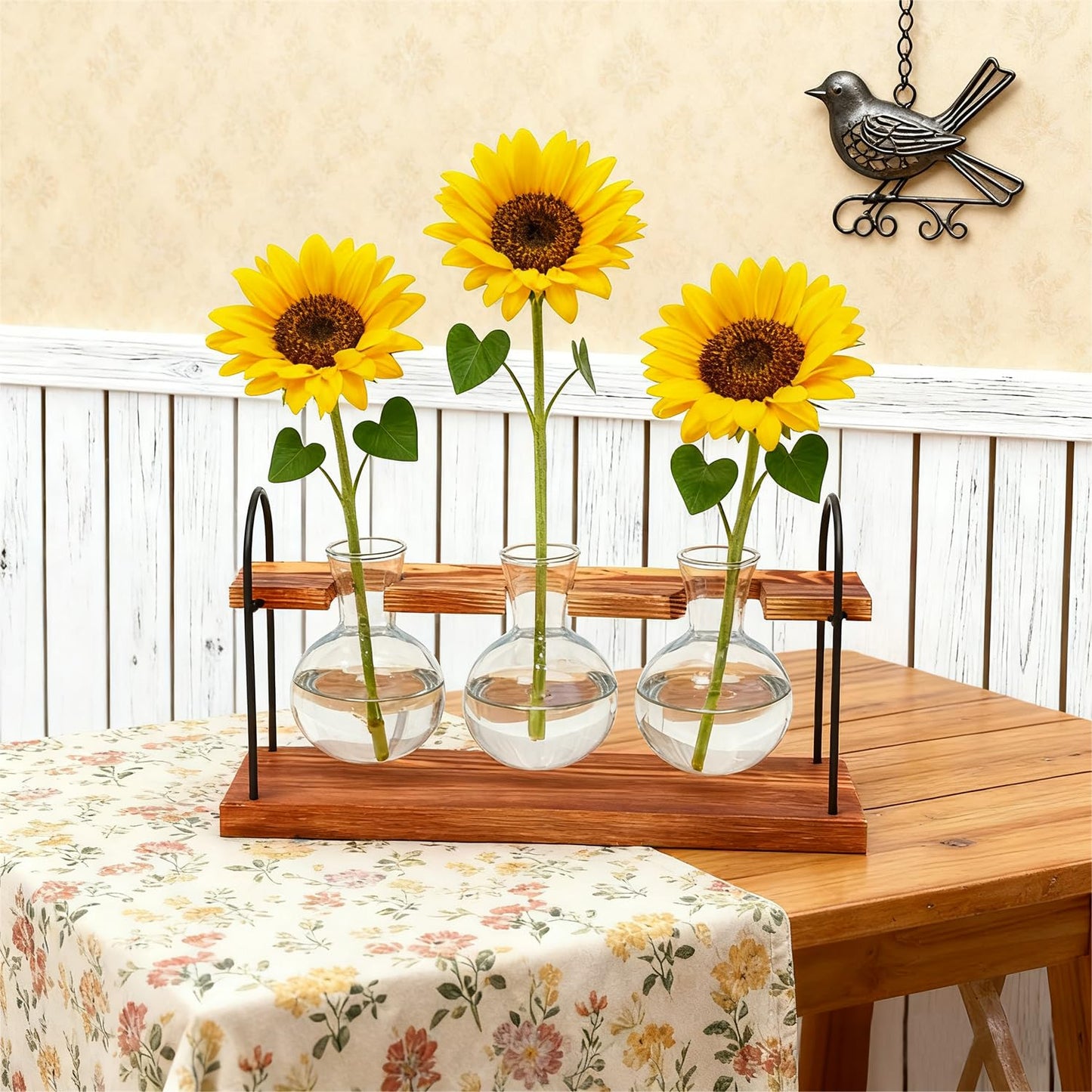 Plant Terrarium with Wooden Stand, The Ultimate Gift for Plant Lovers, Propagation Station with Retro Glass Bulbs, Creating a Stunning Tabletop Display of Hydroponic Greenery in Any Home or Office