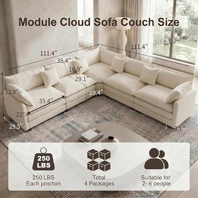111.4" V-Shaped Corner Couch Sectional｜5 Seat Customizable Modular Cloud
