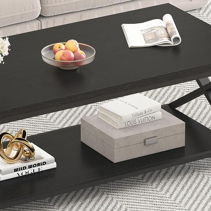 HSH Black Modern Minimalist Metal Wood Living Room Table