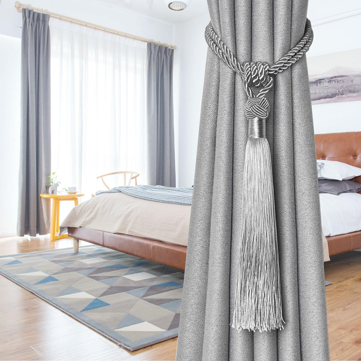 NICEEC 4 Pack Long Tassel Curtain Tiebacks Handmade Braided Rope Knot Drape Tie Backs European Style Decorative Curtain Holdbacks for Home & Office Window Drapery (Grey)