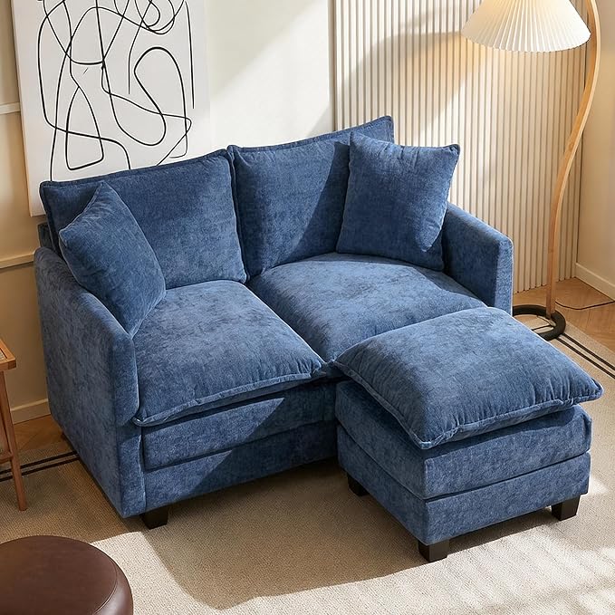 Loveseat Sofa with Ottoman, Comfy Chenille Small Couch