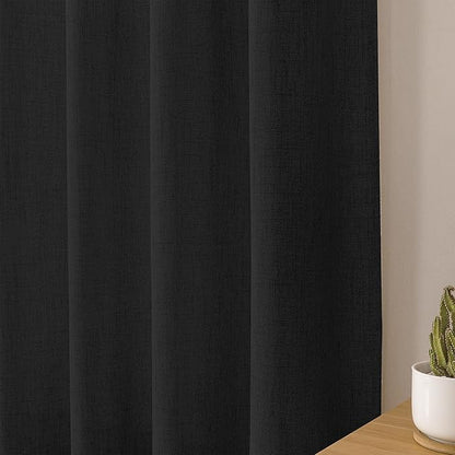 Tollpiz Short Linen Curtains Living Room Rod Pocket Semi Sheer Curtain Burlap Light Filtering Thick Linen Drapes for Bedroom, 54 x 54 inches Long, Black, Set of 2 Panels