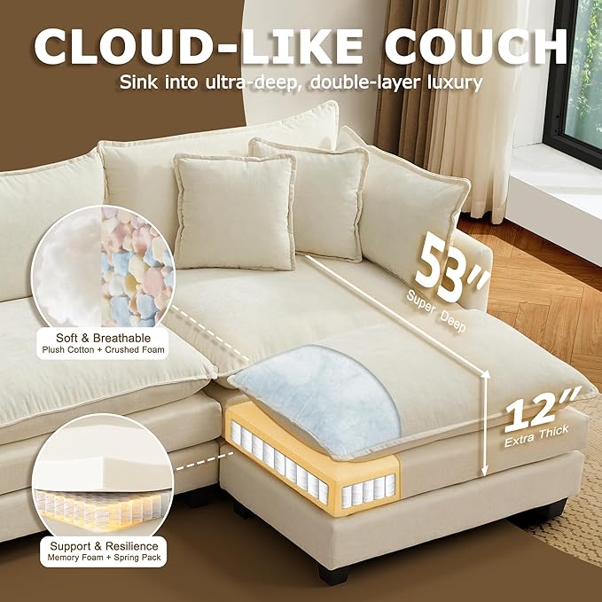 113” Modular Sectional Sofa, L Shaped Cloud Couch
