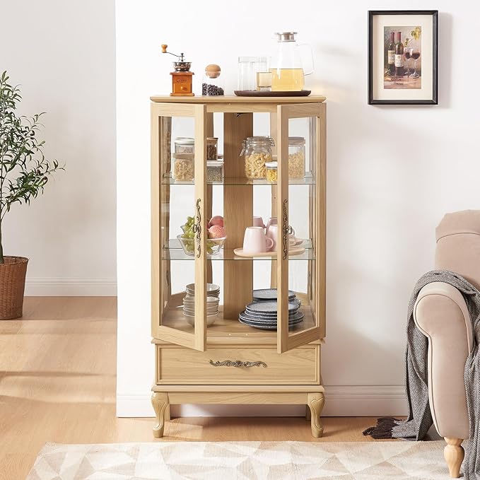 Curio Cabinet with Lighted, Tall Leg Glass Door Antique Cabinet with 1 Drawer