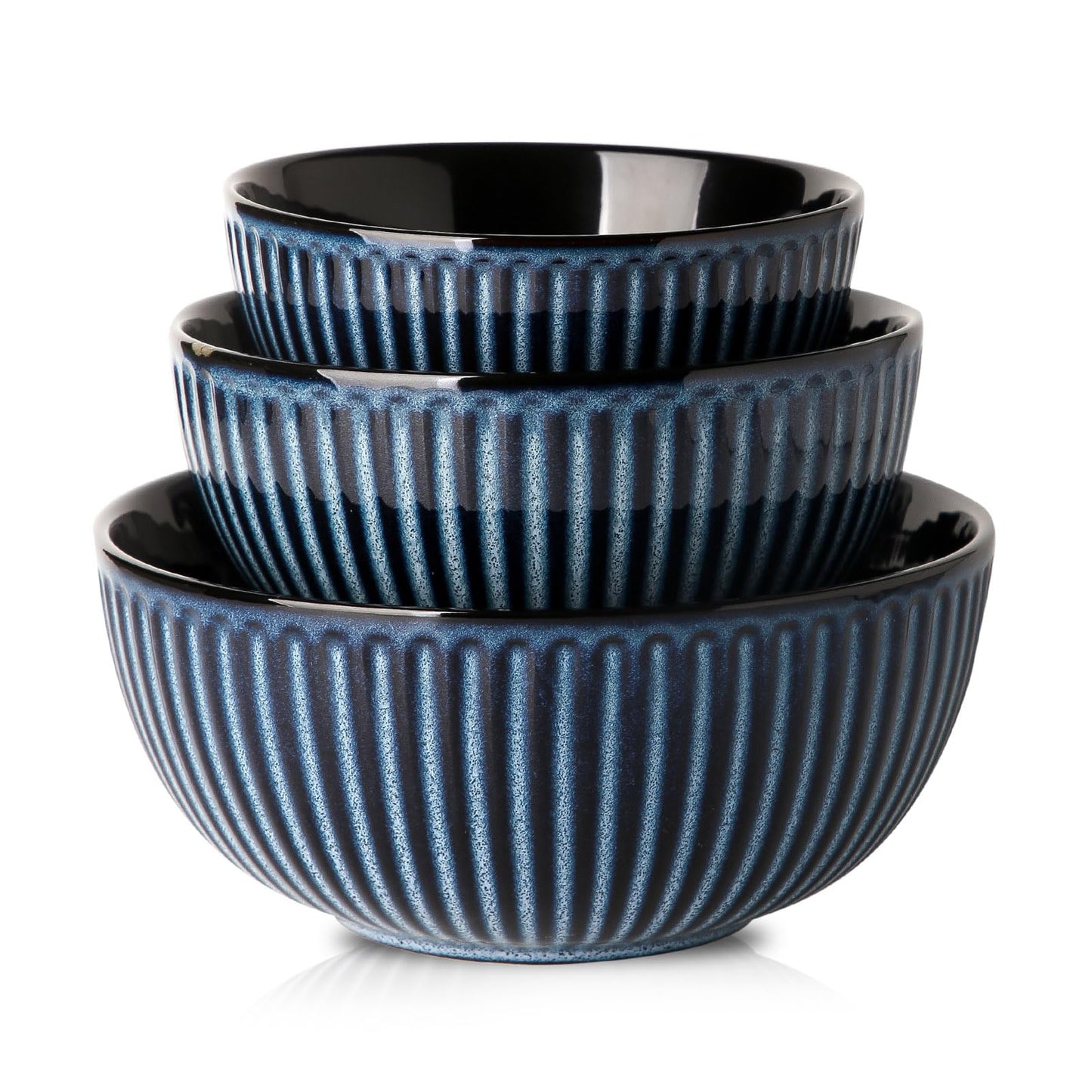 HASENSE Mixing Bowls of 3, Porcelain Ribbed Bowls 1.5/1/0.5 Qt For Kitchen, Cooking, Baking and Serving Prep Bowls for Salad, Pasta, Modern Kitchen Dish Dishwasher & Microwave Safe, Blue