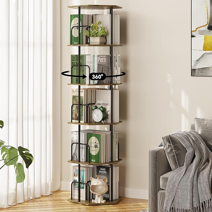 SUNMORY 5 Tier Rotating Bookshelf Tower, Revolving 360 ° Spinning Bookcase