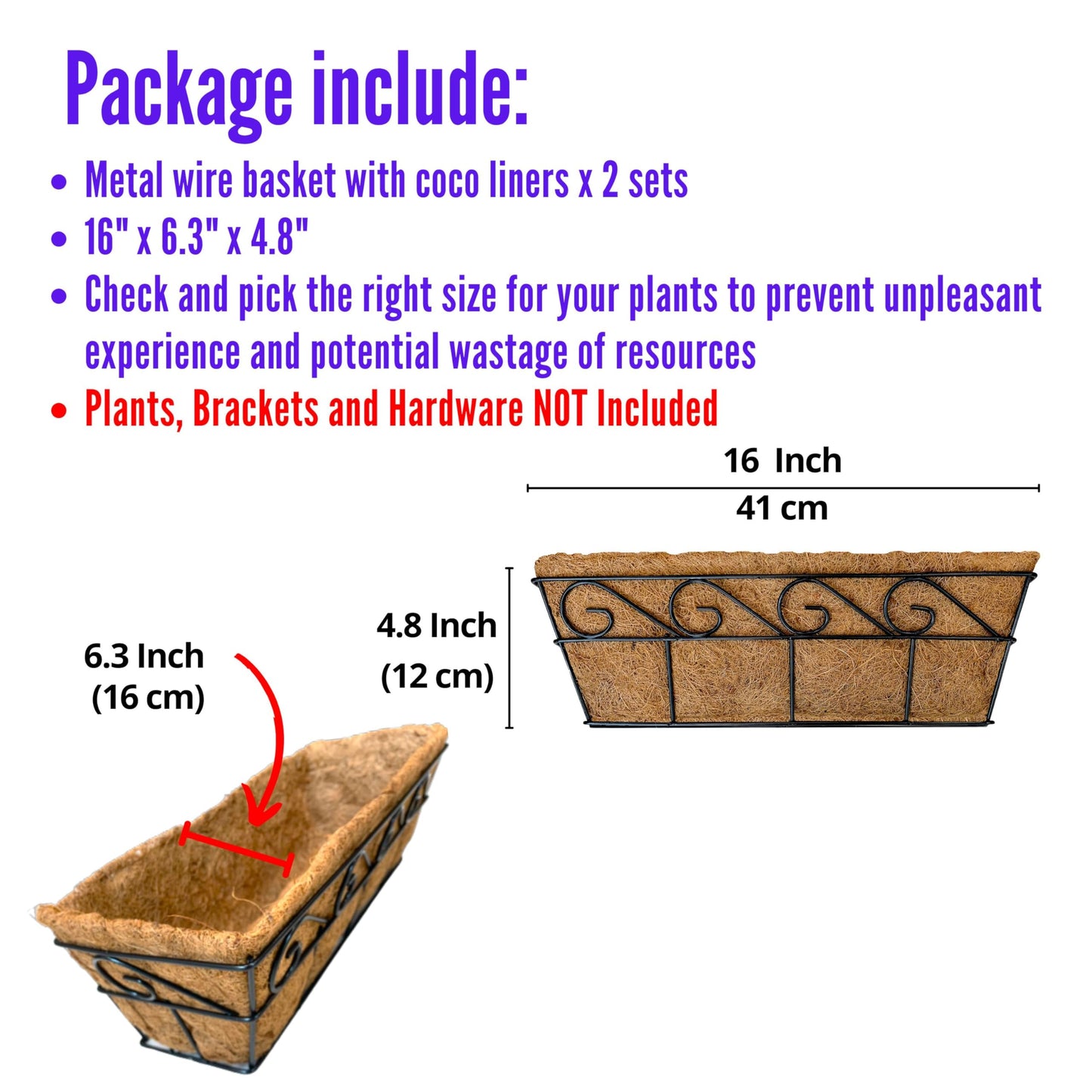LaLaGreen Wall Planters for Outdoor Plants (2 Pack, 16 Inch) Window Flower Boxes Basket Attach to House, Deck Railing Strawberry Planters with Coco Liners BalconyTroughs Fence Patio Porch Over Rail