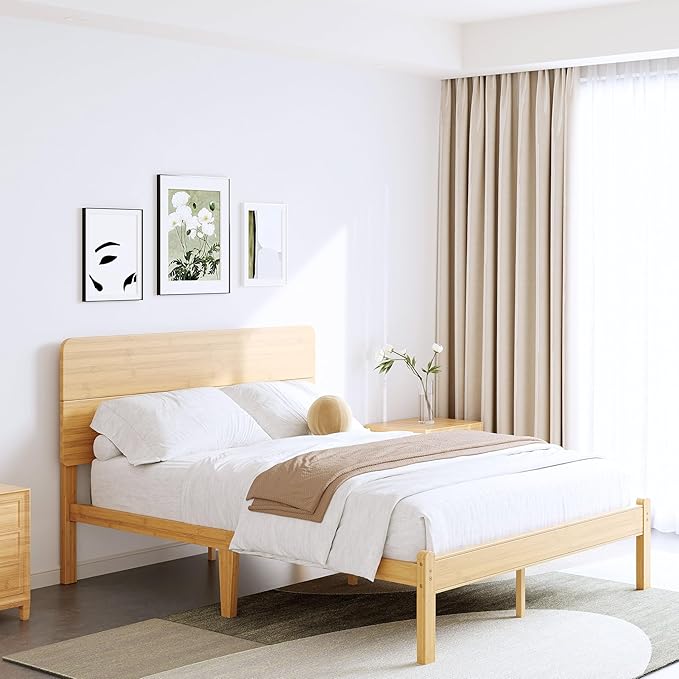 BOSRII 14in High Solid Bamboo Wood Platform Queen Size Bed Frame