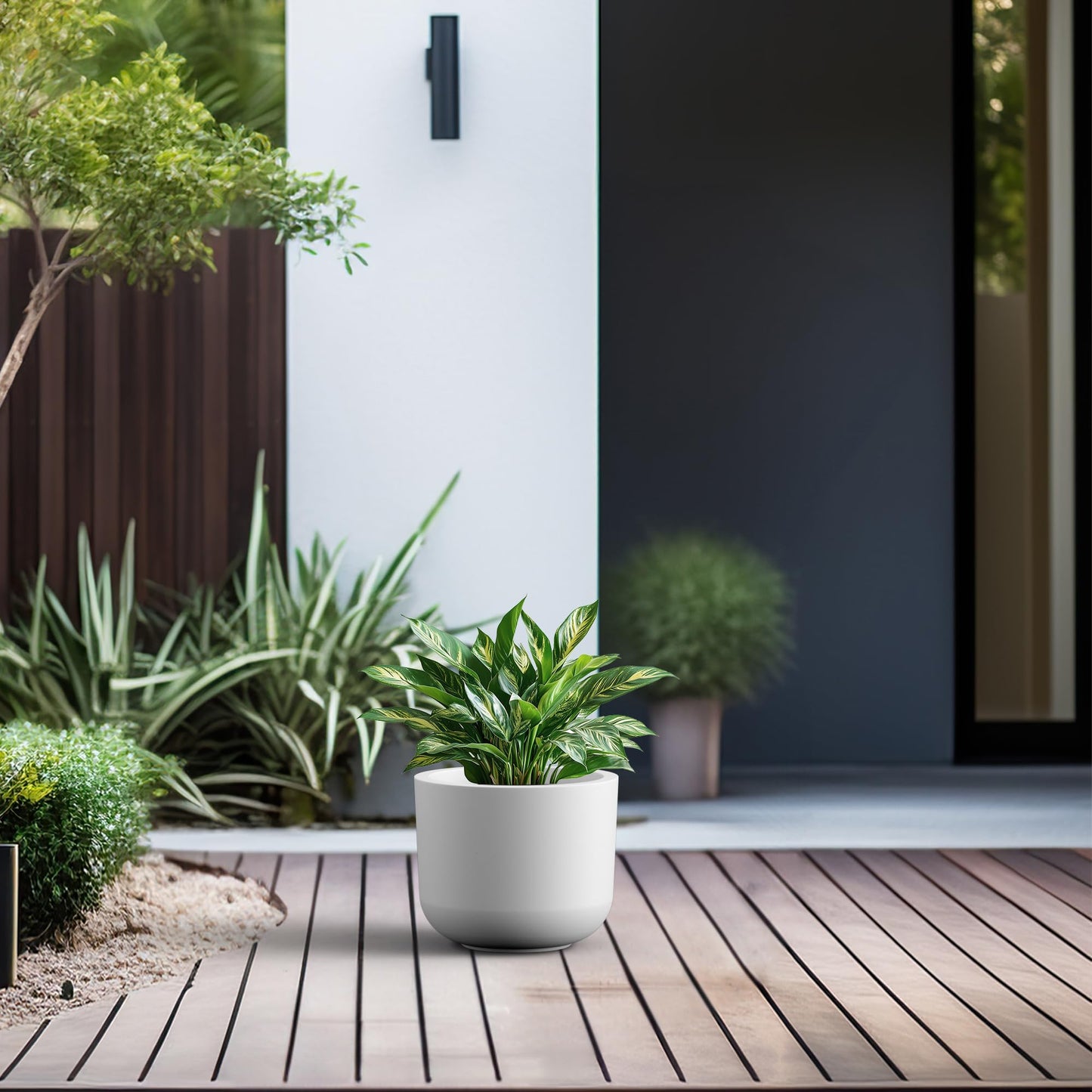 Kante Round Concrete Planter, 9 Inch Dia Classic-Style Large Pot with Drainage, White Finish with Painted Interior, for Indoor & Outdoor Plants, Home, Patio and Garden