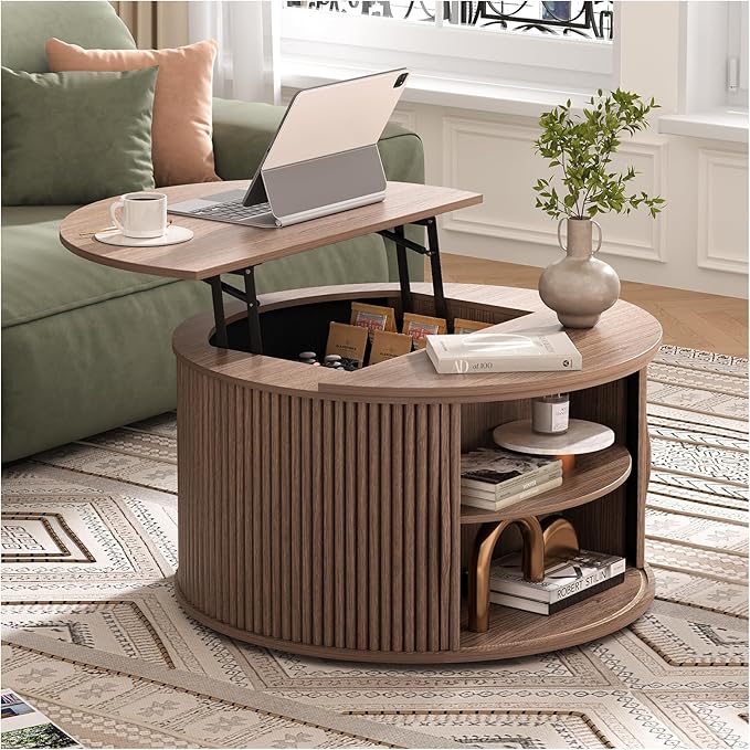 JOINICE 31.5" Round Lift Top Coffee Table, Mid Century Modern Walnut Center