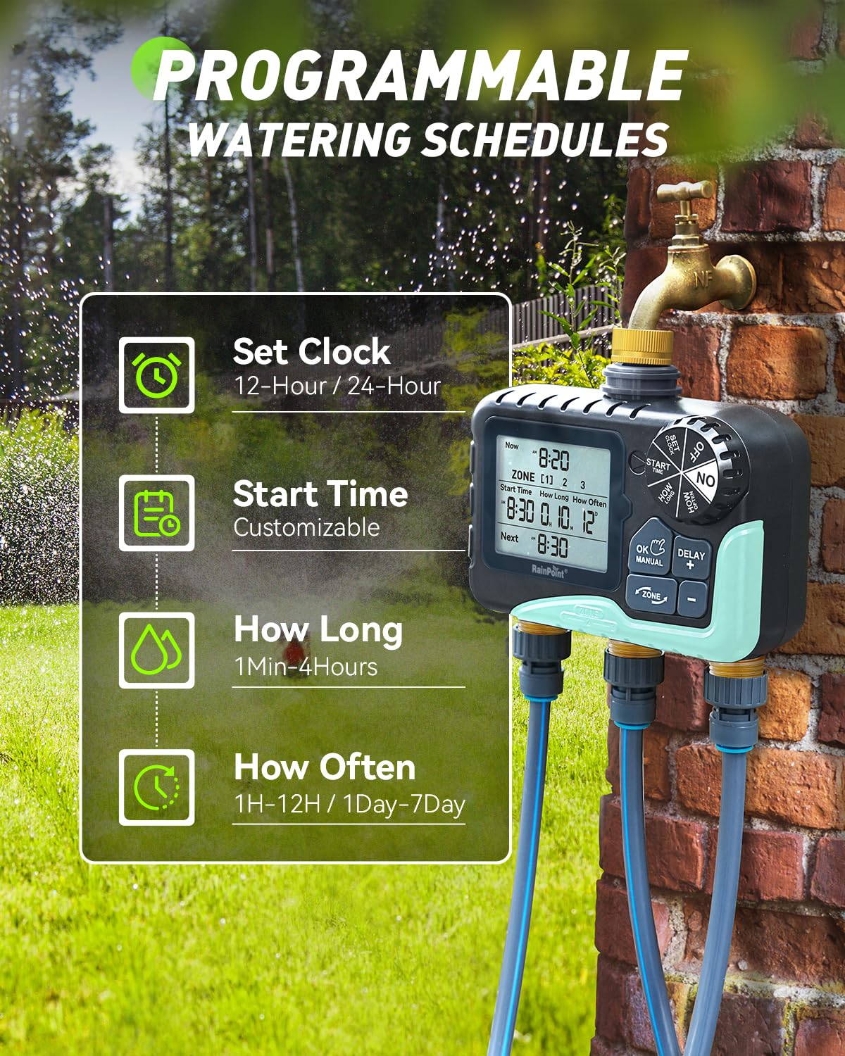 RAINPOINT 3 Zone Water Timer with Brass Inlet & Outlet, 3 Custom Watering Plans Sprinkler Timer, Featuring IP65 Waterproof,Rain Delay, Manual & Automatic Watering with Large LCD for Yard, 2026 Ver.