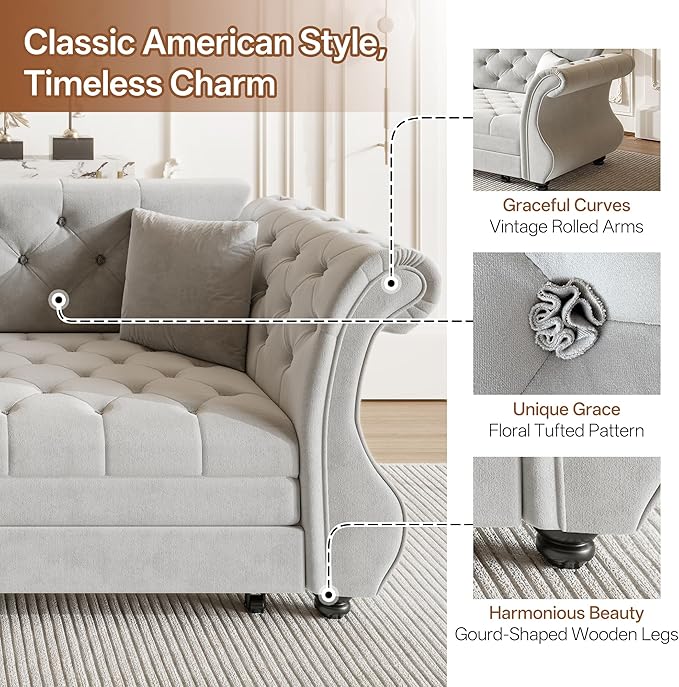 83.8" Oversized Pull Out Sofa Bed, Chesterfield Velvet Sleeper Sofa Couch