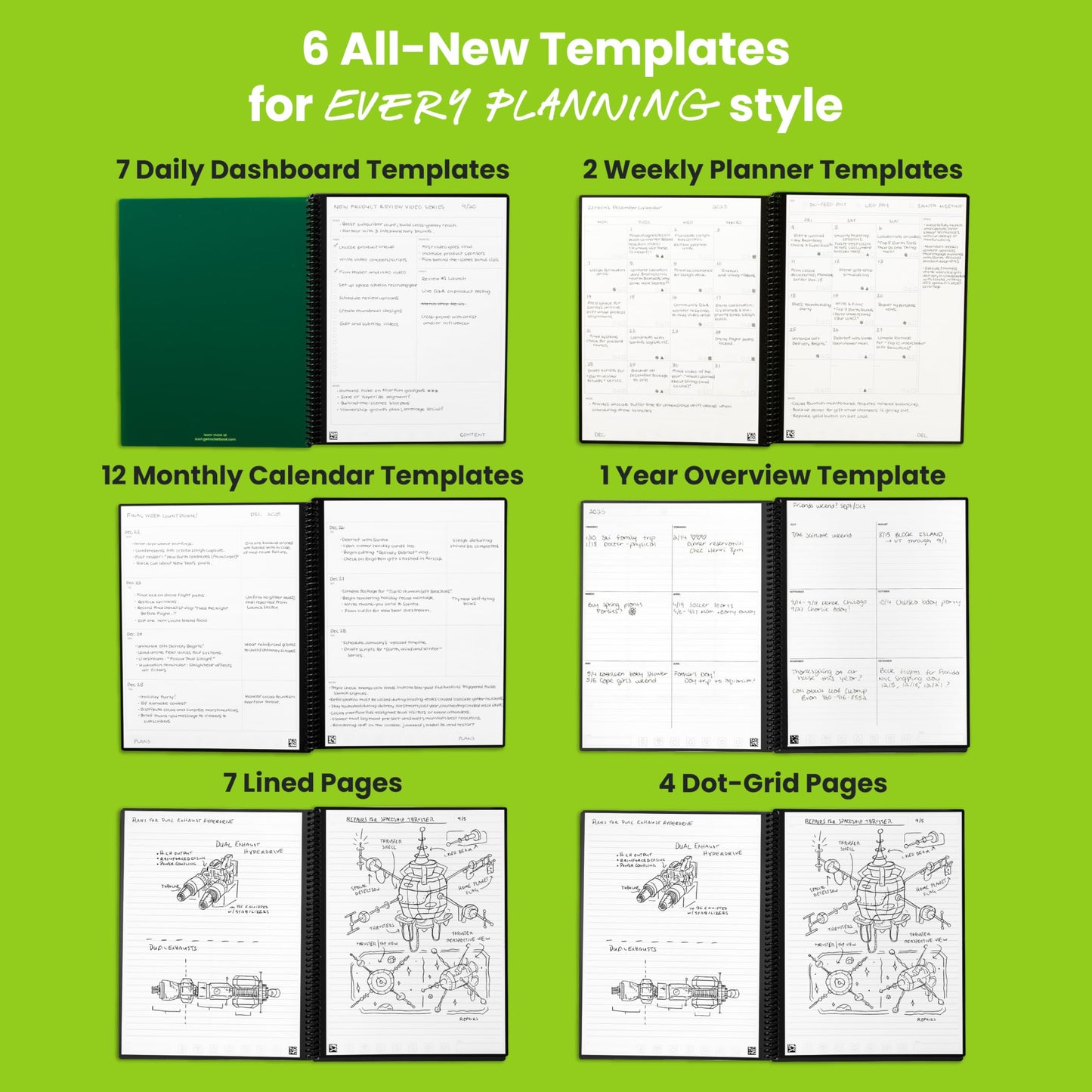 Rocketbook Flex Reusable Planner, Smart Undated, Daily, Weekly, Monthly, Annual Calendar Templates, Letter Size 8.5x11, Green (Pack of 1)