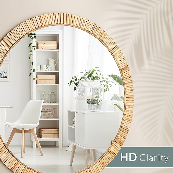 Barnyard Designs Round Rattan Wall Mirror, Natural Tan Woven Rattan Frame