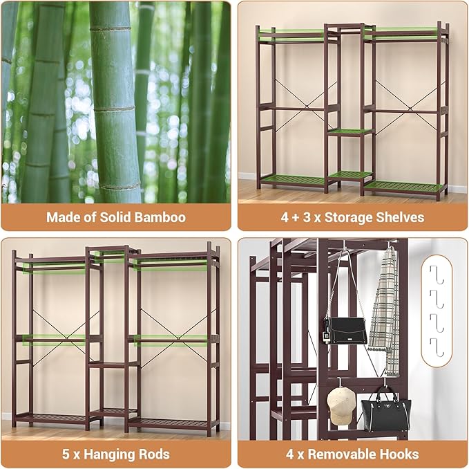Homykic Bamboo Closet System Clothes Rack, Large Freestanding Garment Rack