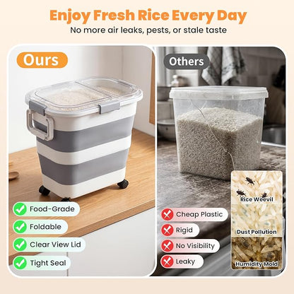 30 Lbs Rice Storage Container with Wheels, Collapsible Airtight Dog Food Storage Container with Transparent Lid, Measuring Cup, Scoop, Handle, BPA Free Rice Holder for Pet Food, Grain, Bird Seed