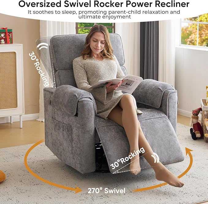 Oversized Power Recliner Chair, Chenille Glider Rocking Nursery Chair